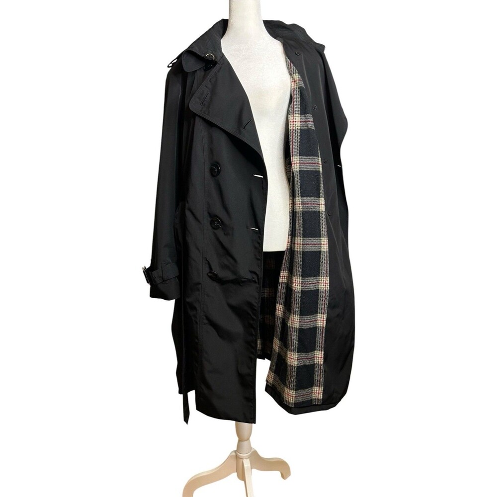London Fog Trench Coat Double Breasted Flannel Plaid Lining Women's 1X Black